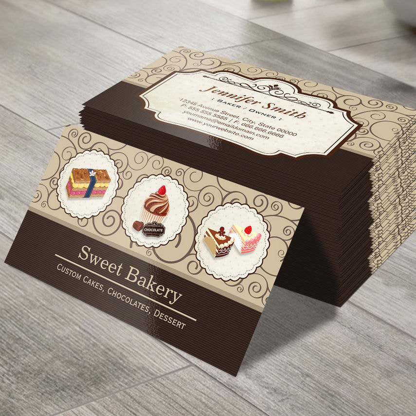 Sweet Bakery Store Elegant Cakes Chocolates Dessert Business Cards