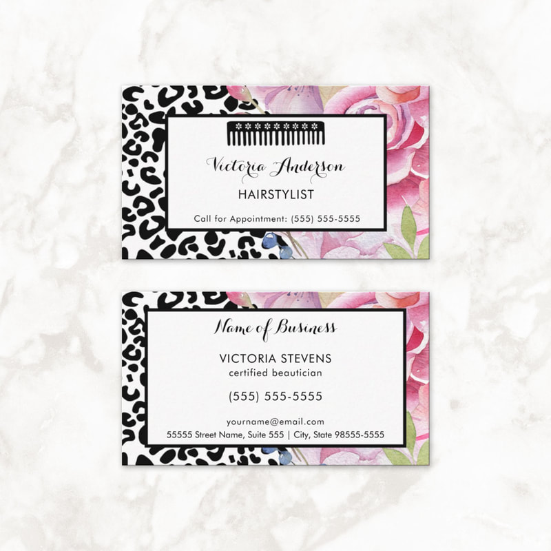 Trendy Leopard Print Floral Hairstylist With Comb Business Cards