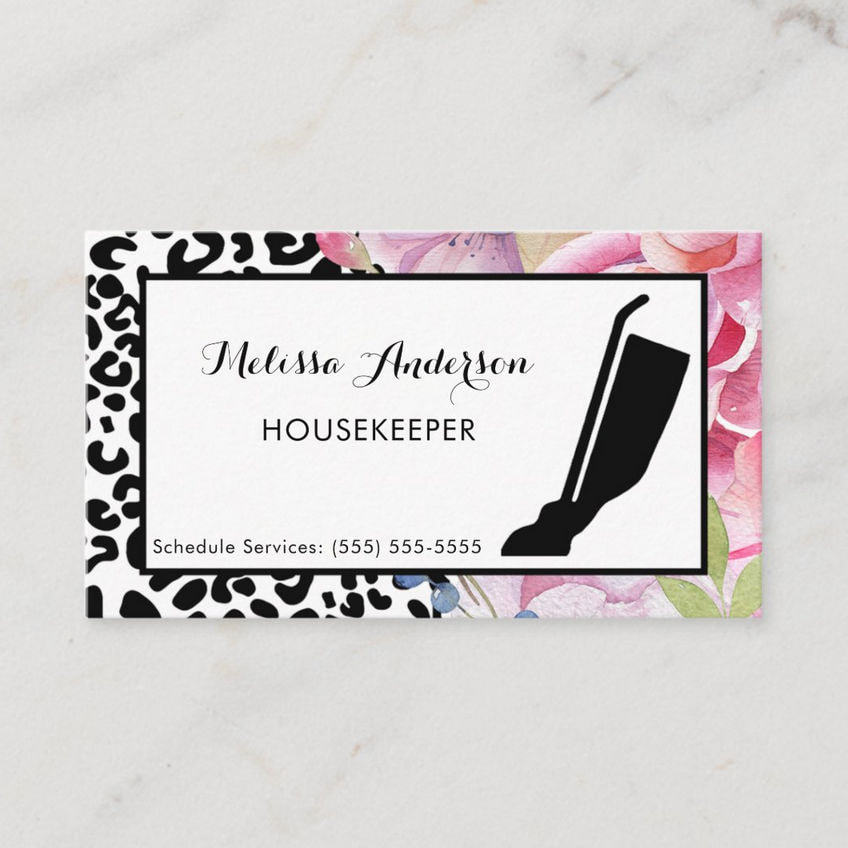Trendy Leopard Print Floral Housekeeper and Vacuum Business Cards