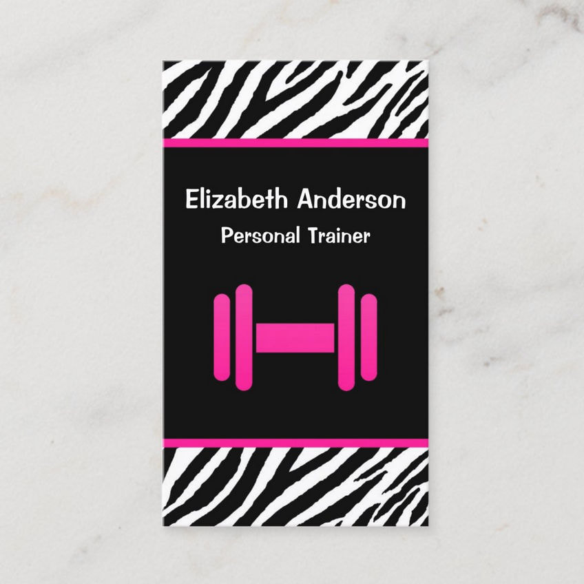 Trendy Pink and Black Dumbbell Personal Trainer Business Cards