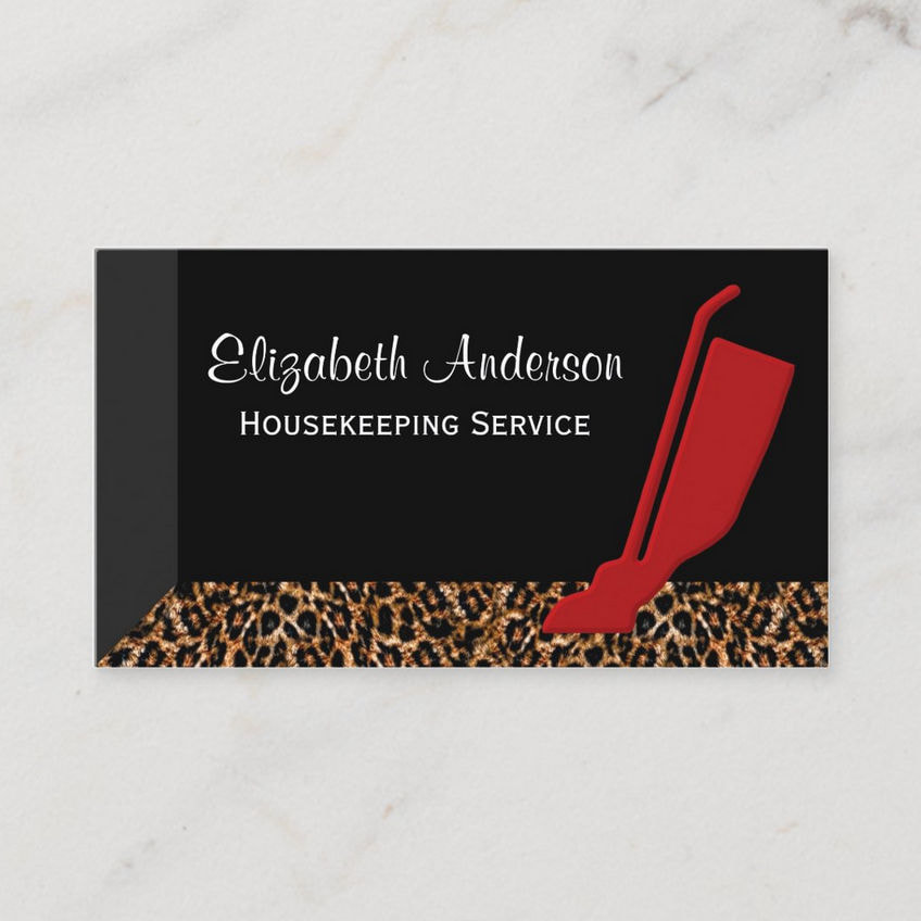 Trendy Red Vacuum Leopard Housekeeping Service Business Cards
