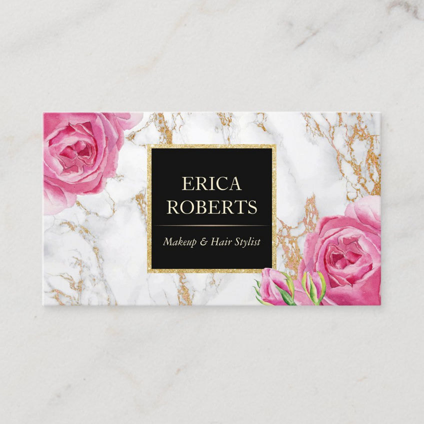 Vintage Pink Roses Floral Trendy White and Gold Marble Business Cards