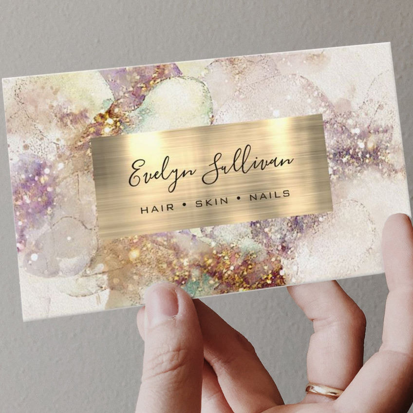 Purple Watercolor and Faux Gold Foil Hair and Beauty Salon Business Cards