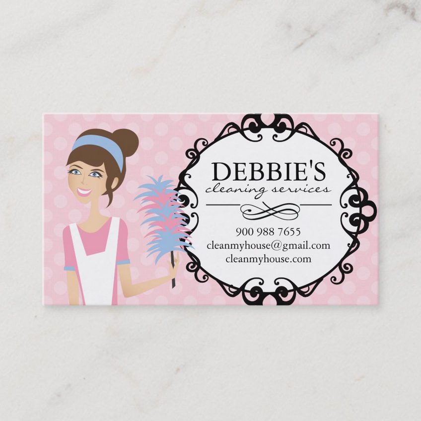 Whimsical Pink Polka Dot Maid House Cleaning Services Business Cards
