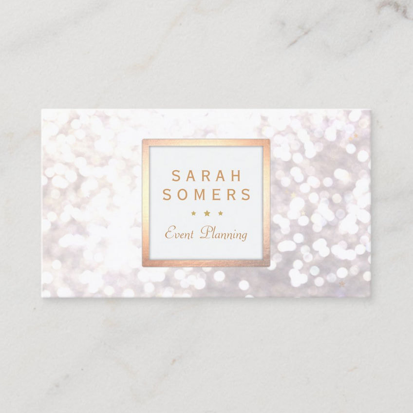 Whimsical White Glitter Bokeh Elegant Gold Frame Business Cards