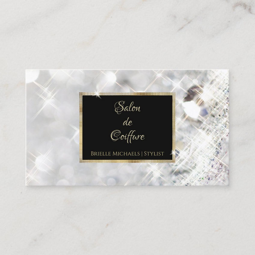 White Diamond Glitter Black and Gold Sequin Style Frame Business Cards