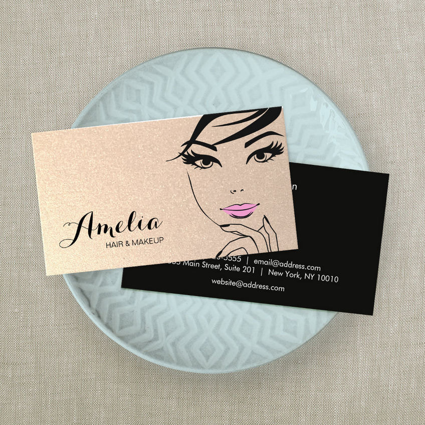 Face of Woman Pink Lips Gold Makeup and Cosmetology Business Cards